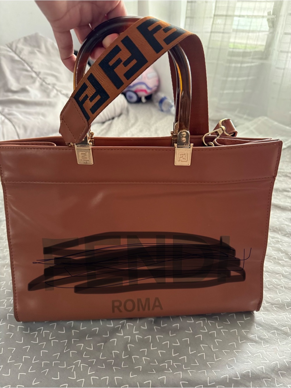 Roma Logo Tan Leather Satchel with Branded Webbed Strap